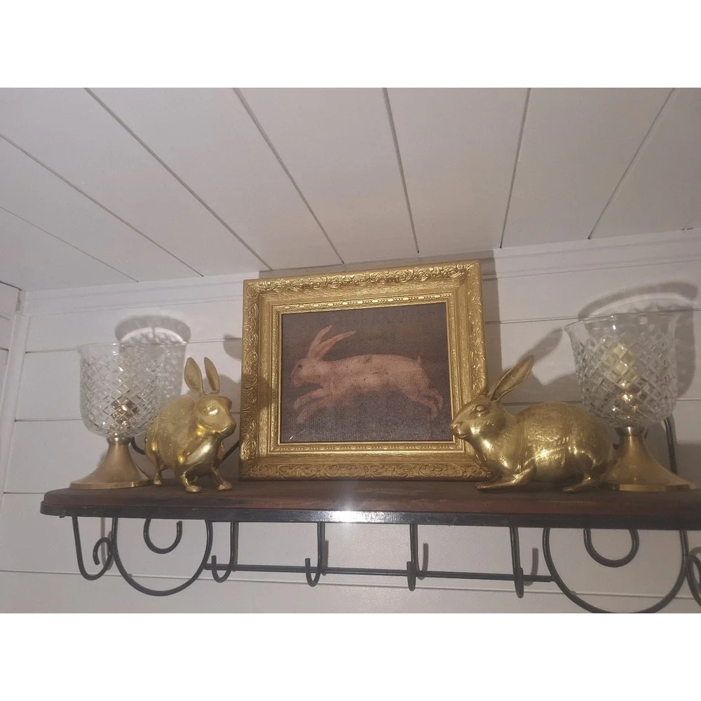 Vintage ornate gold wood frame with new canvas white rabbit print